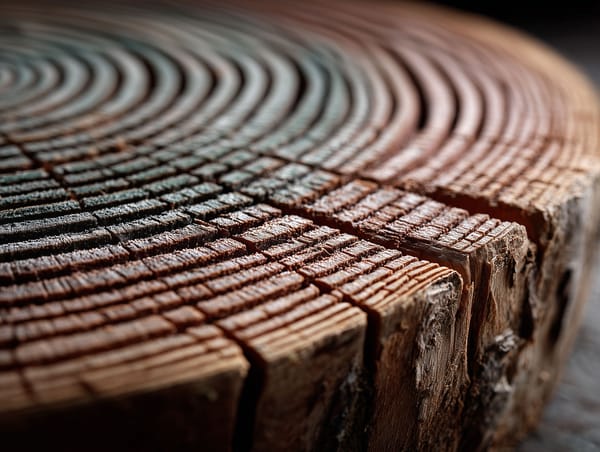 Cross-section of a cut log showing tight growth rings, representing finite time and the value of each working year.