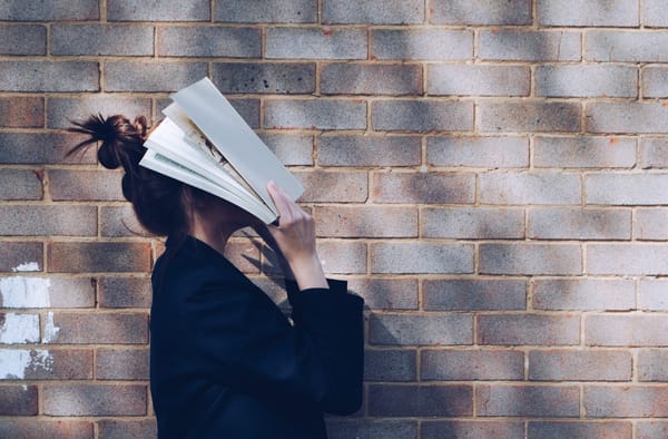 Person holding fanned-out book in front of face against brick wall, hair bun visible.