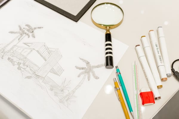 Sketch of building with drawing tools—magnifying glass, pens, pencils, markers—illustrating attention to detail.