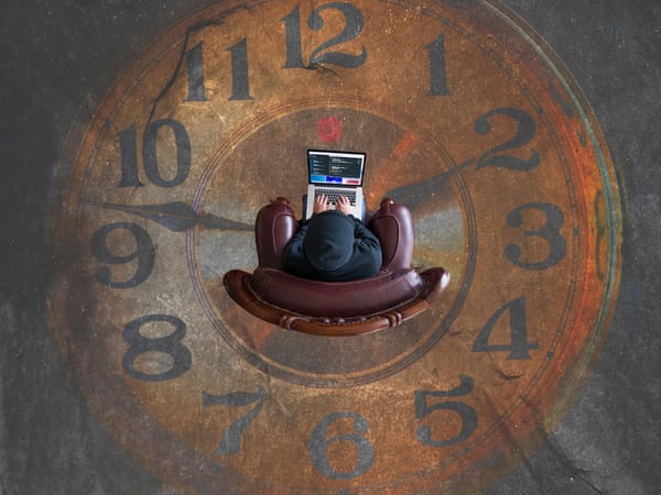 Person sits in leather chair with laptop on giant floor clock face.