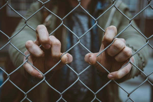 Close-up of hands clutching a chain-link fence, hinting at confinement with a blurred urban background.